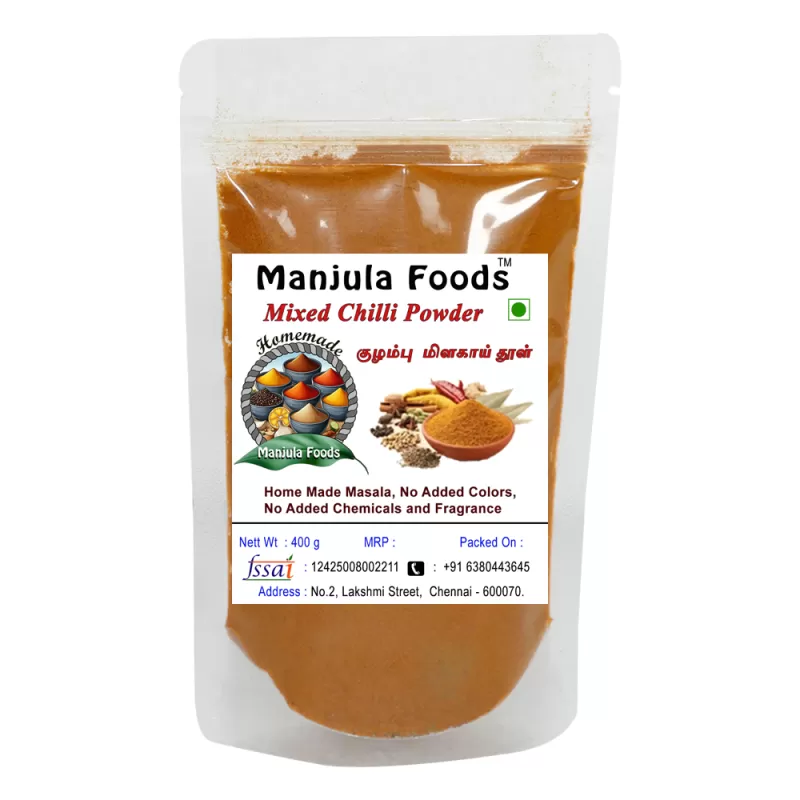 Manjula Foods Authentic Mixed Chilli & Kulambu Milagai Thool | South Indian Curry Masala (400 g)