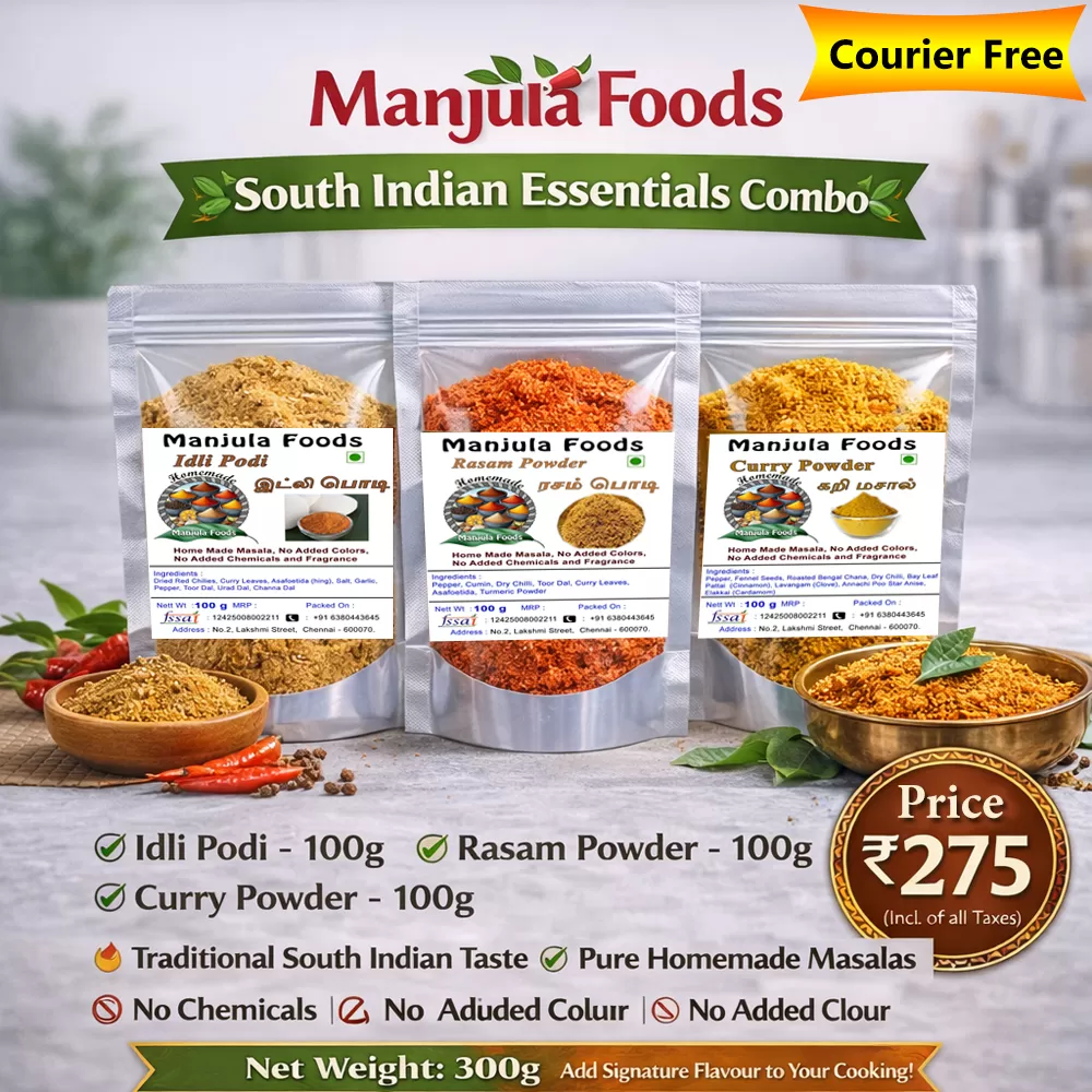 South Indian Essential Masala Combo – Idli Podi 100g, Rasam Powder 100g & Curry Masala 100g | Traditional Homemade Spices