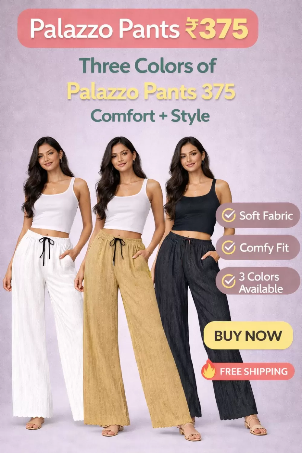 Women Solid Pleated Palazzo Pants, Soft Stretch Fabric, Casual Wear, White, Gold, Black