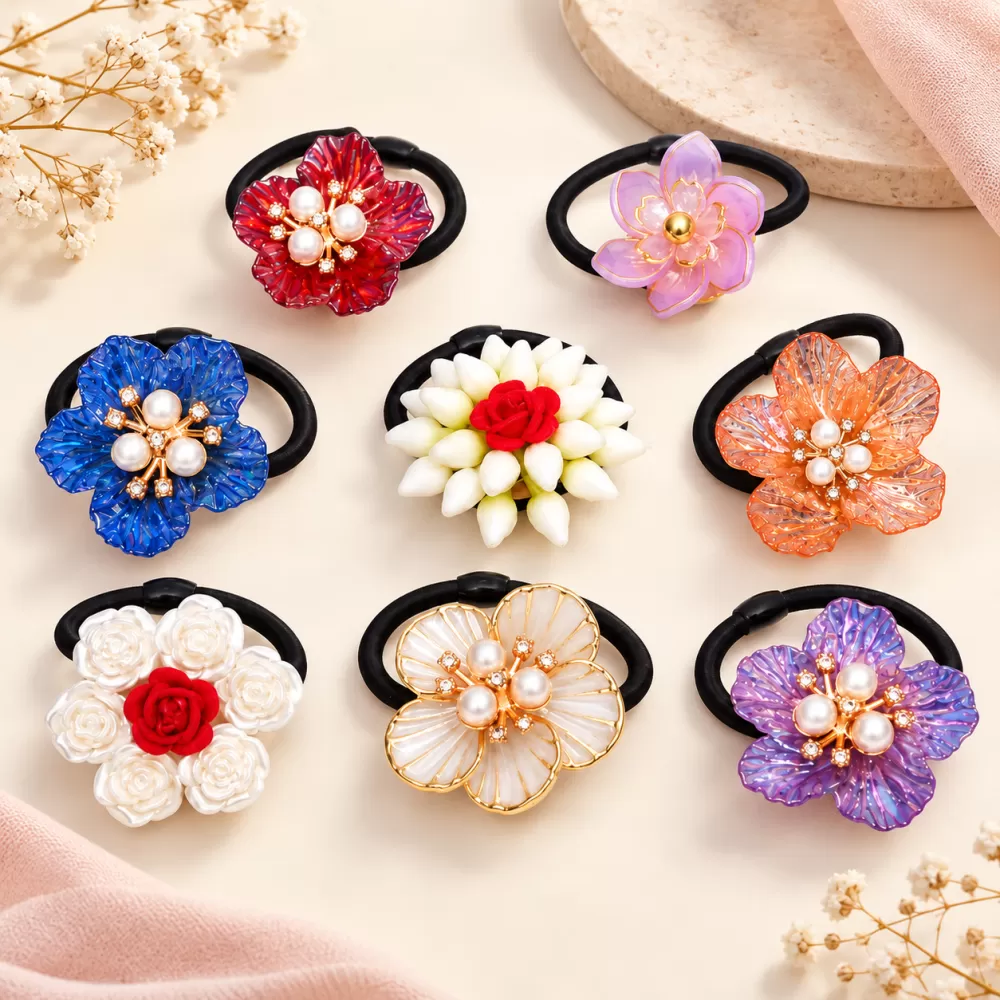 Floral Pearl Hair Rubber Bands for Women & Girls | Multicolor Pack of 8 Decorative Flower Hair Ties for Daily, Party & Festive Wear